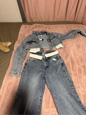 Fashion Nova Cropped Denim Jacket & Wide Leg Jeans Set in Light Blue